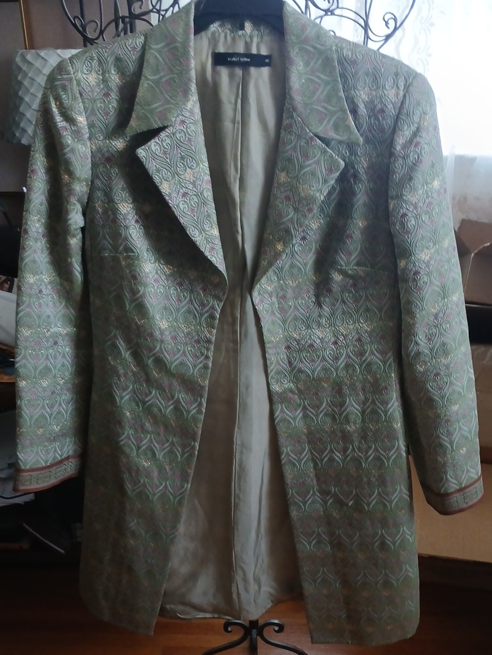 Tailored Green Brocade Long Jacket - Womens